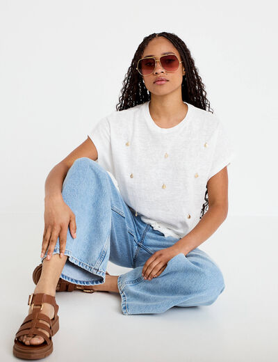 T-shirt col rond manches courtes noeuds ecru femme