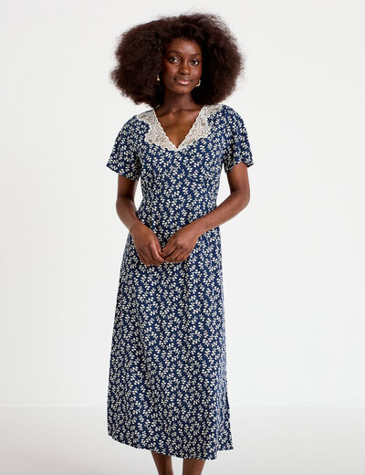 Robe longue &eacute;vas&eacute;e col v dentelle bleu marine femme
