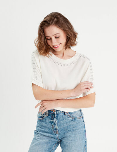 Pull manches courtes clous ecru femme