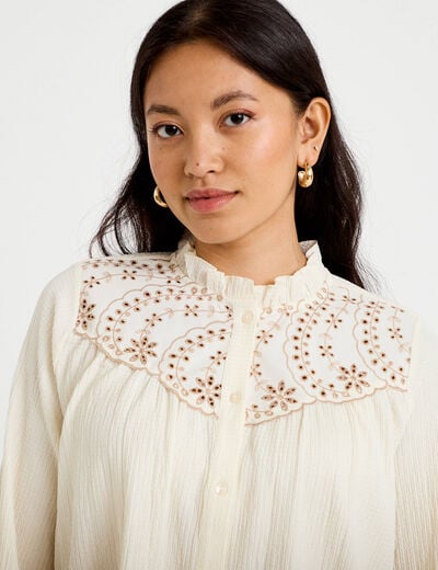 Blouse droite manches longues pliss&eacute;e ivoire femme