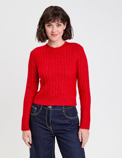 Pull ajusté col rond manches longues rouge femme