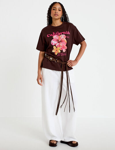 T-shirt col rond manches courtes marron femme
