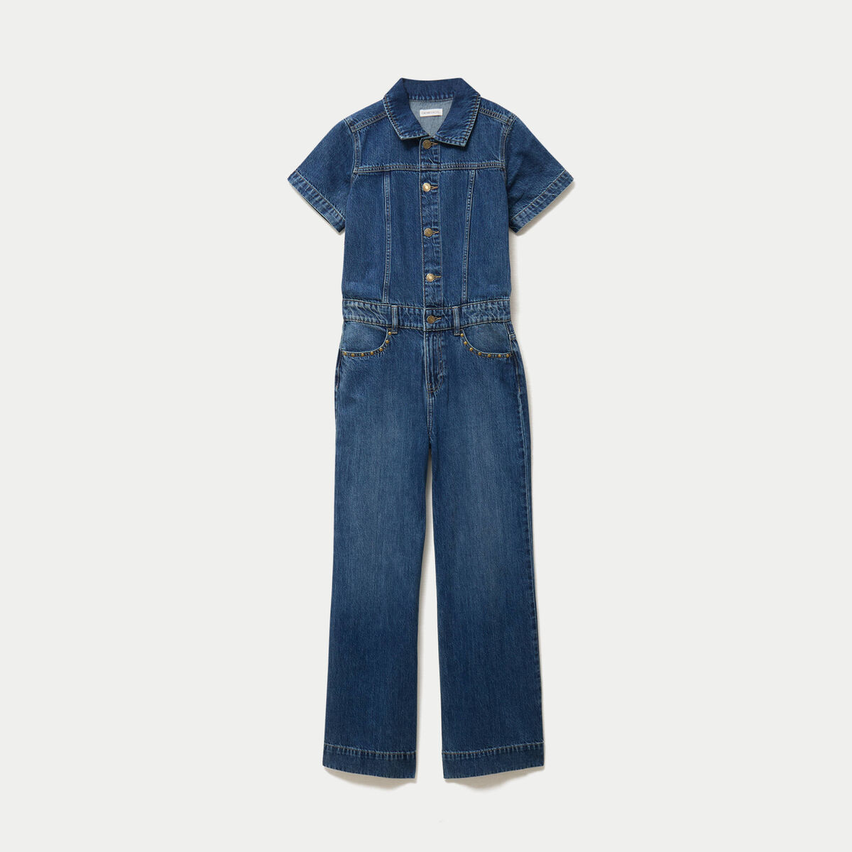 Combinaison jean flare col am&eacute;ricain denim stone femme