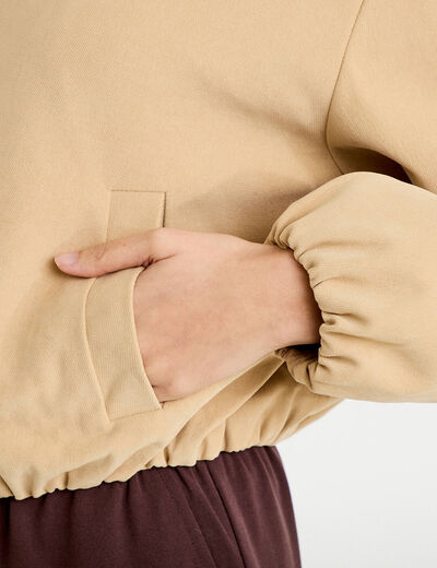 Veste cropped &agrave; capuche manches longues beige femme
