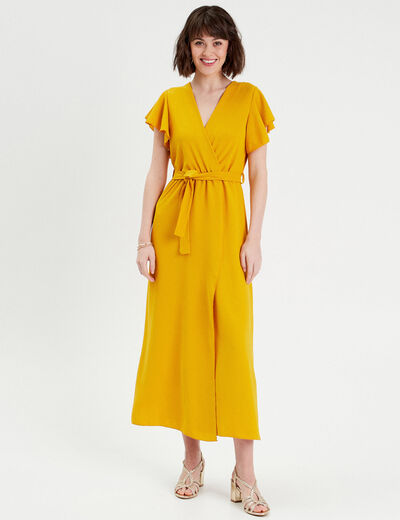 Robe longue évasée cache-coeur jaune femme