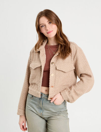 Veste tweed boutonnée sable femme