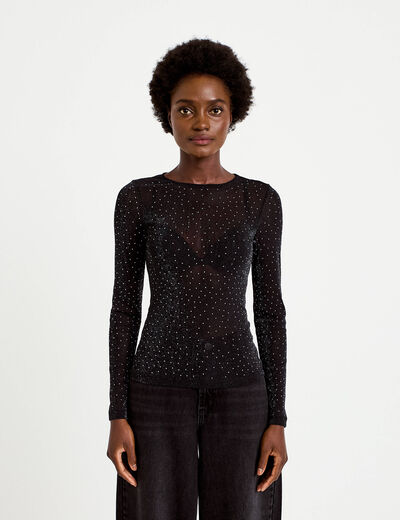 T-shirt ajust&eacute; col rond manches longues noir femme