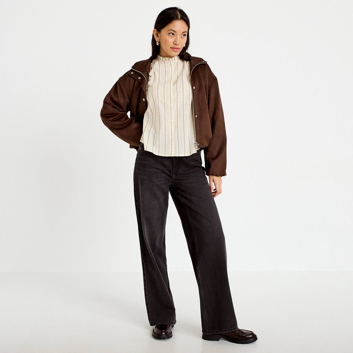 Blouse ajour&eacute;e manches longues marron femme