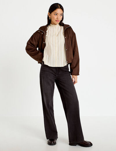 Blouse ajour&eacute;e manches longues marron femme
