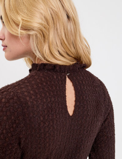 Blouse ajour&eacute;e manches longues marron fonc&eacute; femme