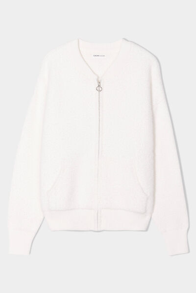 Gilet mailles duveteuses ecru femme