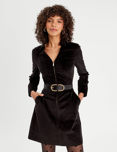 Robe trapèze velours zippée noir femme