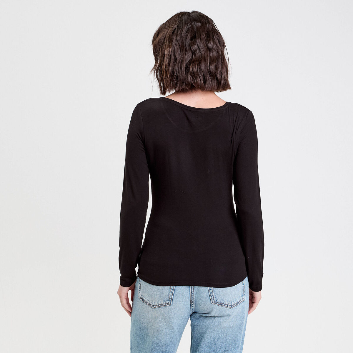 T-shirt uni &agrave; manches longues noir femme