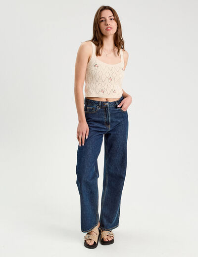 Débardeur tricot brodé ecru femme
