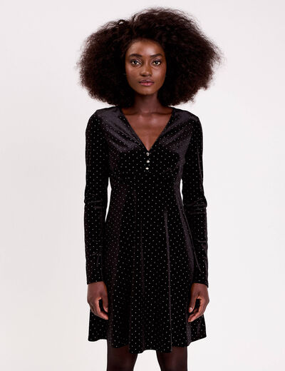 Robe patineuse courte velours col v noir femme