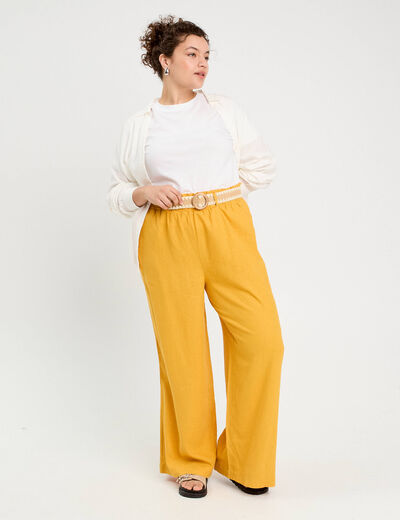 Pantalon large ceinturé contenant du lin jaune citron femme