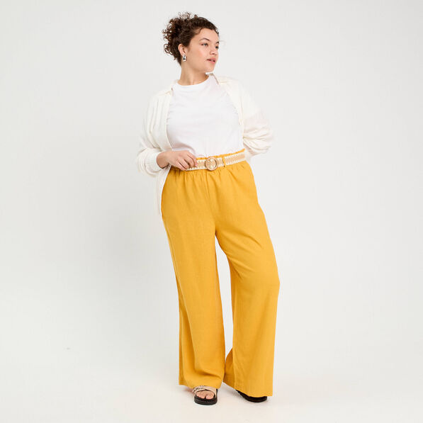 pantalon large ceinture contenant du lin jaune citron femme Pantalon large ceinturé contenant du lin jaune citron femme