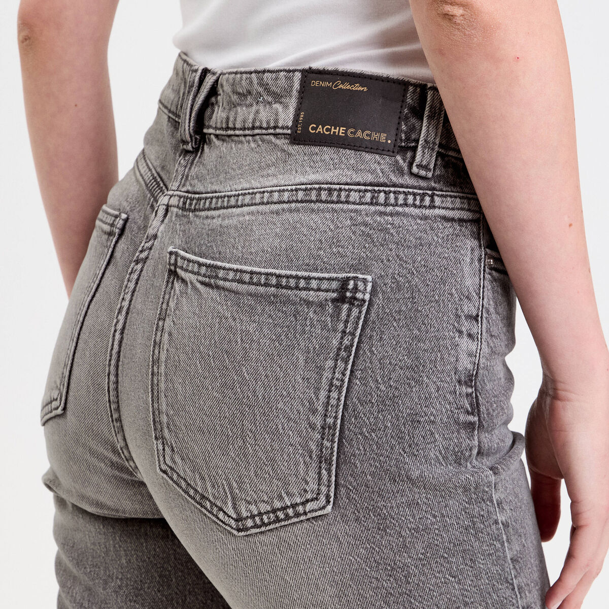 Jeans droit taille haute denim gris femme