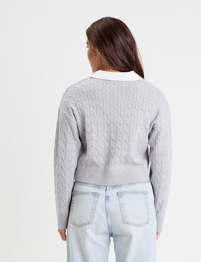 Pull manches longues col polo gris clair femme