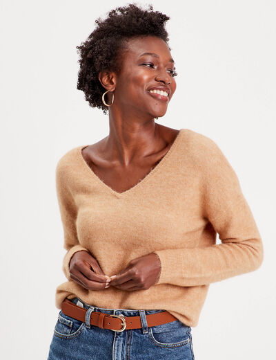 Pull avec col en V beige femme