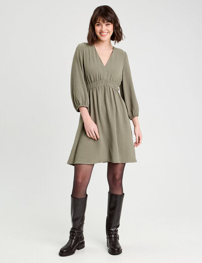 Robe évasée manches 3/4 vert kaki femme