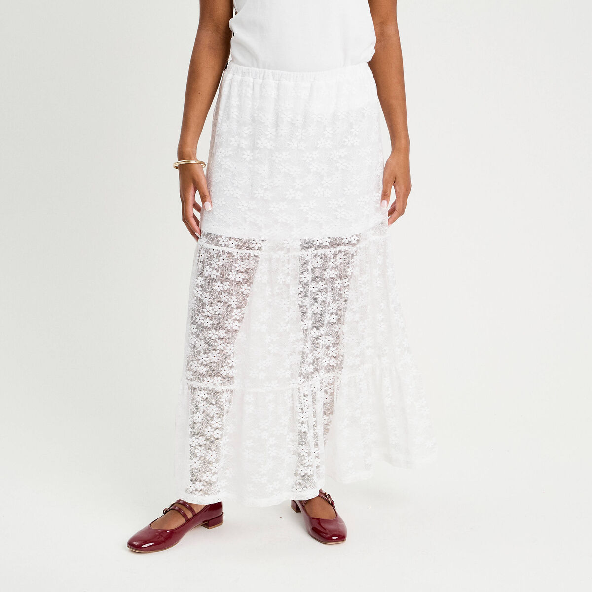 Jupe longue &eacute;vas&eacute;e dentelle blanc femme