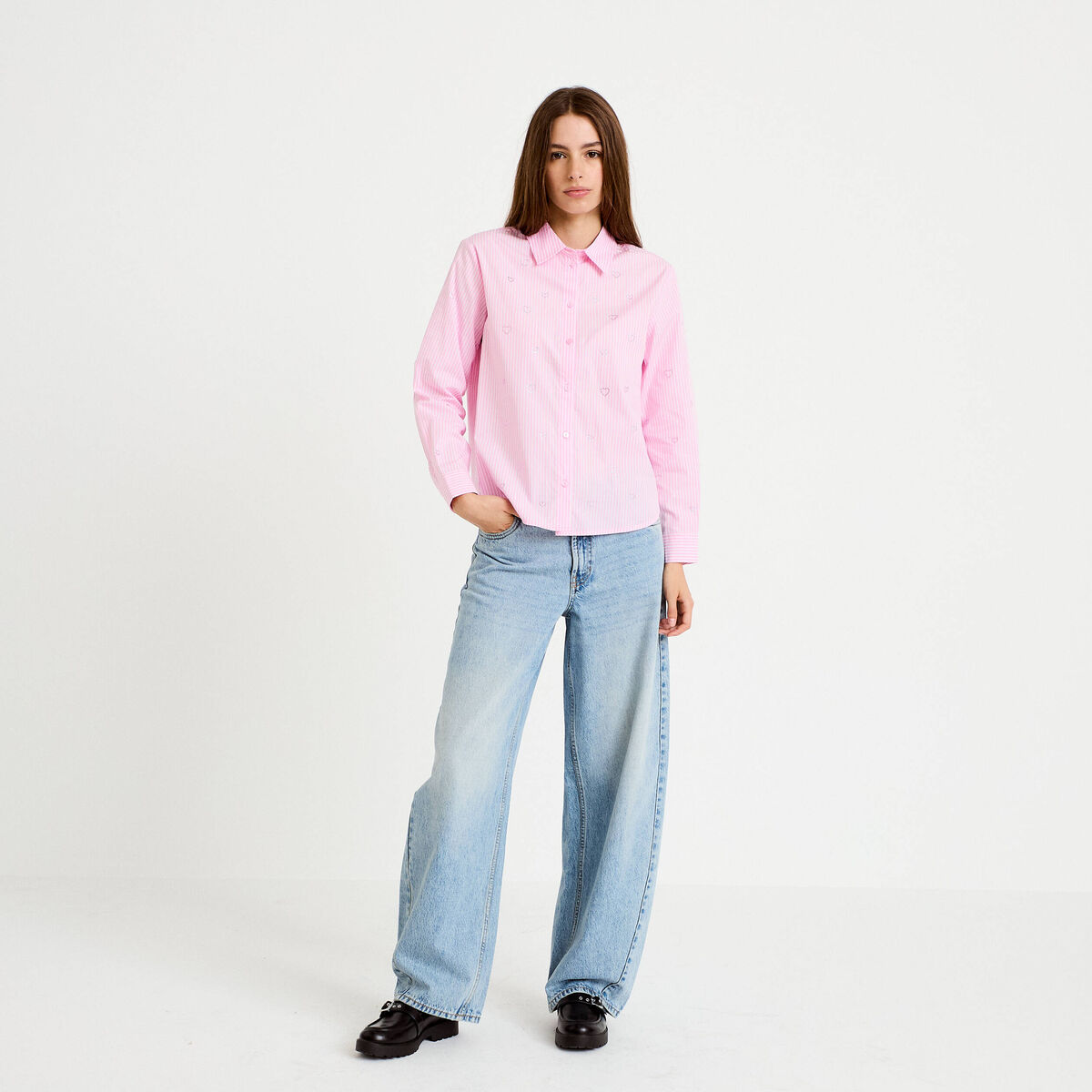 Chemise droite col am&eacute;ricain strass rose femme