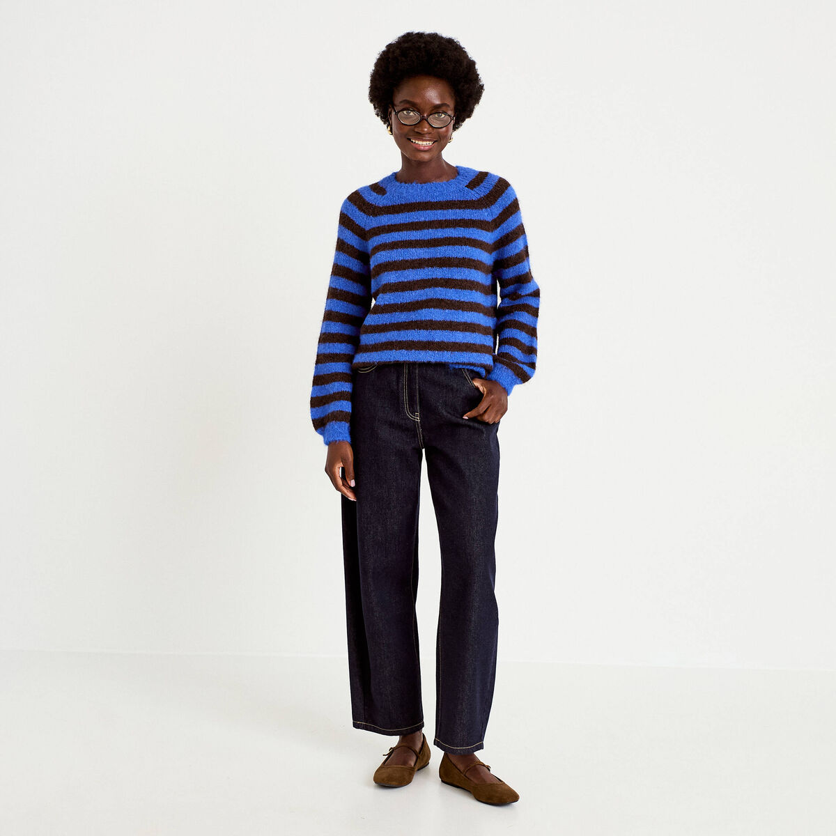 Pull ample col rond manches longues bleu electrique femme