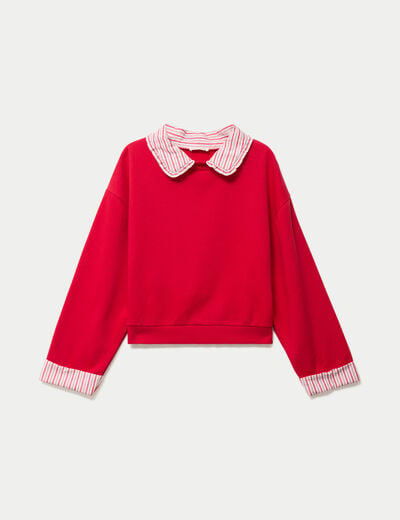 Sweat col chemise manches longues rouge femme