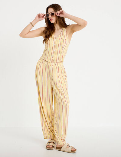 Gilet cintr&eacute; cropped col v sans manches jaune paille femme