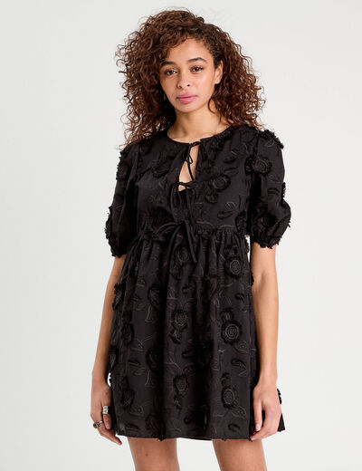 Robe évasée brodée noir femme