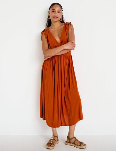 Robe midi &eacute;vas&eacute;e d&eacute;collet&eacute; sans manches orange fonc&eacute; femme
