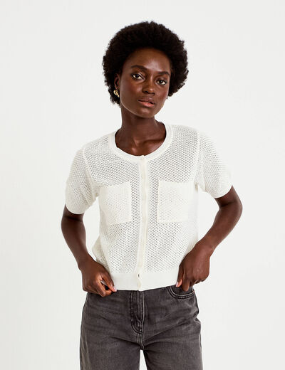 Gilet ajour&eacute; col rond manches courtes ecru femme