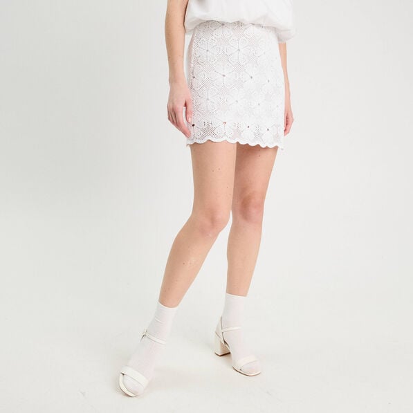 jupe evasee effet macrame blanc femme Jupe évasée effet macramé blanc femme
