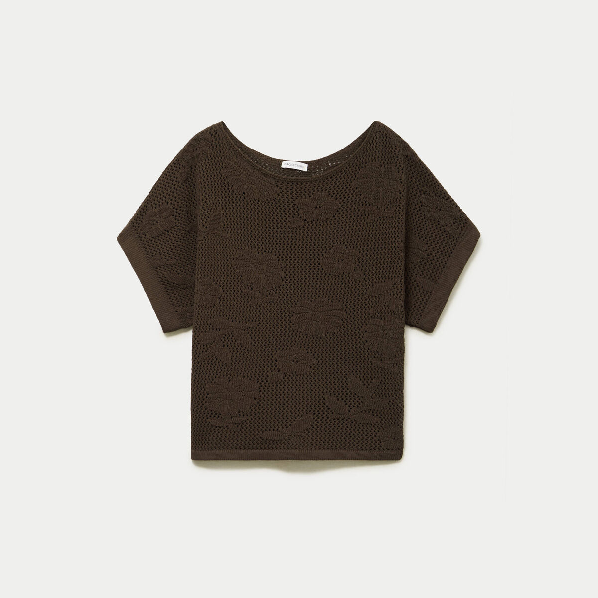 Pull ajour&eacute; col bateau manches courtes marron fonc&eacute; femme
