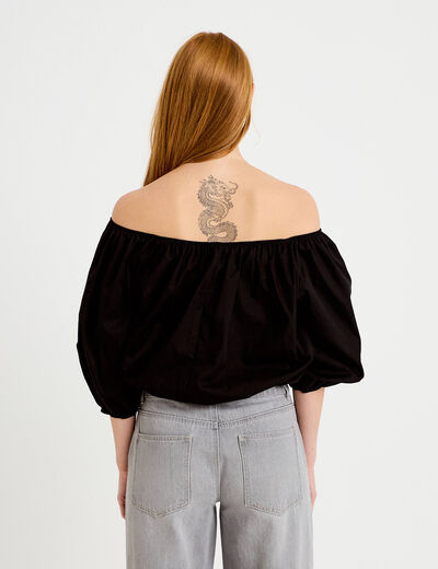Blouse oversize col bardot manches 3/4 noir femme