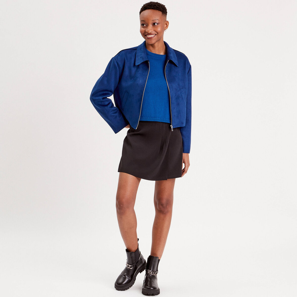 Pull court manches pagodes bleu electrique femme