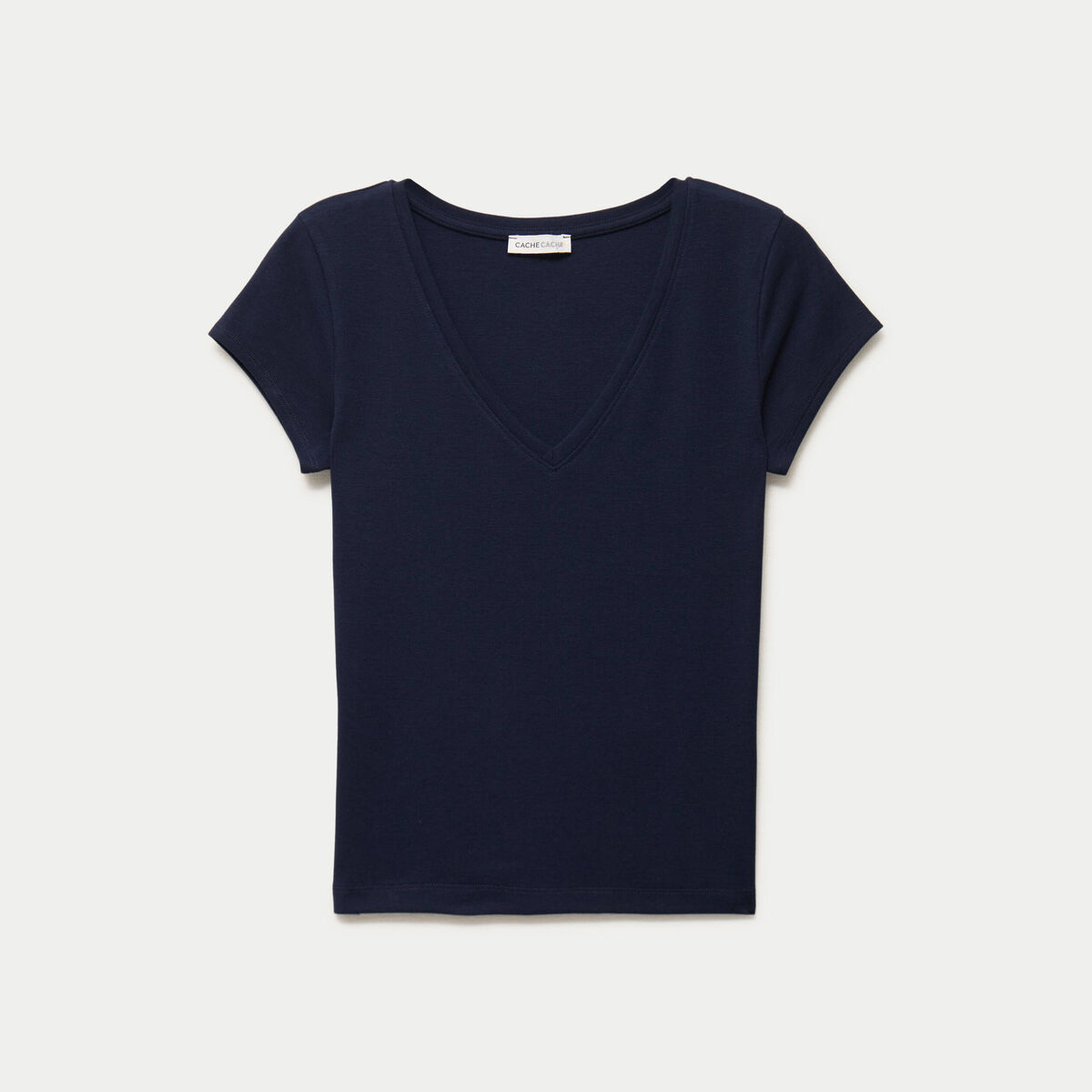 T-shirt ajust&eacute; col v manches courtes bleu marine femme