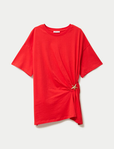T-shirt &agrave; fronces avec bijou rouge femme