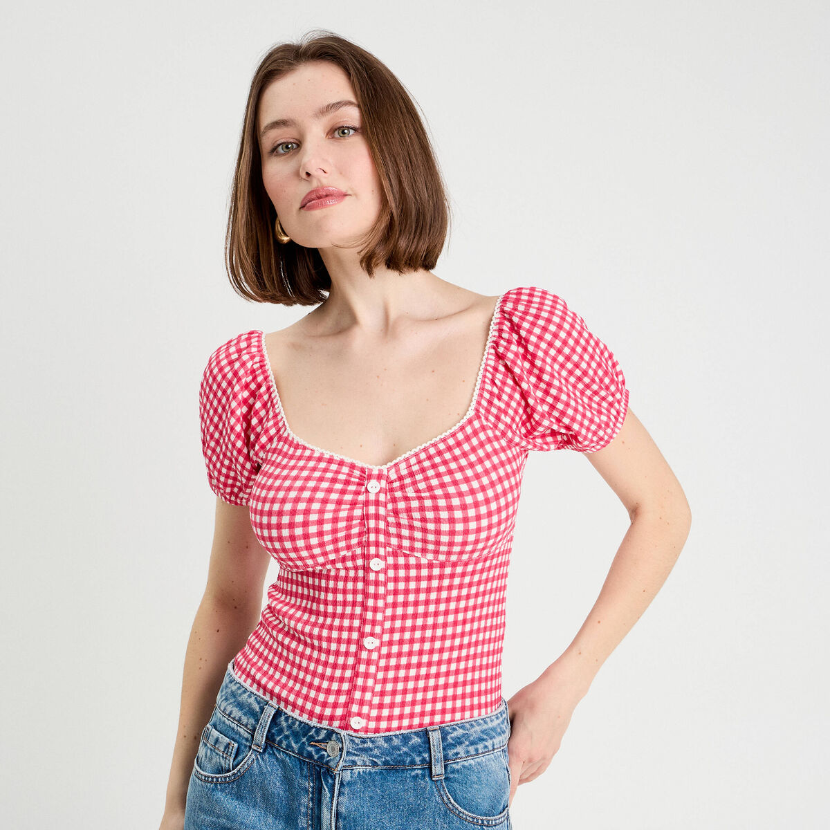 Blouse cropped rose framboise femme