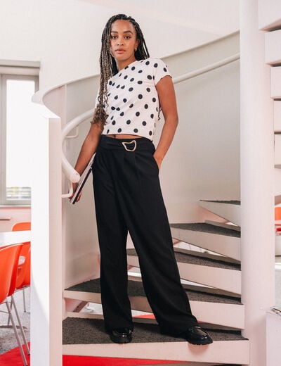 Pantalon large avec ceinture &agrave; bijou noir femme