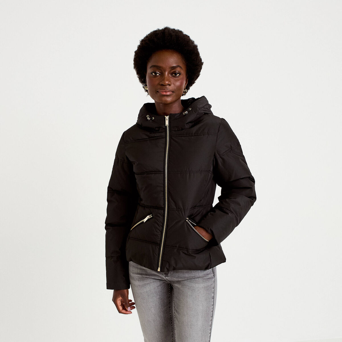 Doudoune cintr&eacute;e &agrave; capuche noir femme