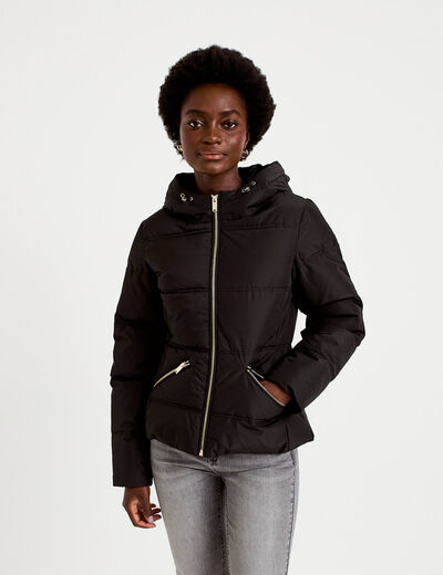 Doudoune cintr&eacute;e &agrave; capuche noir femme