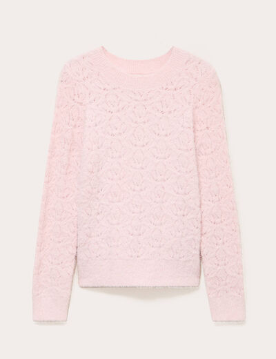 Pull ajour&eacute; col rond manches longues rose pastel femme