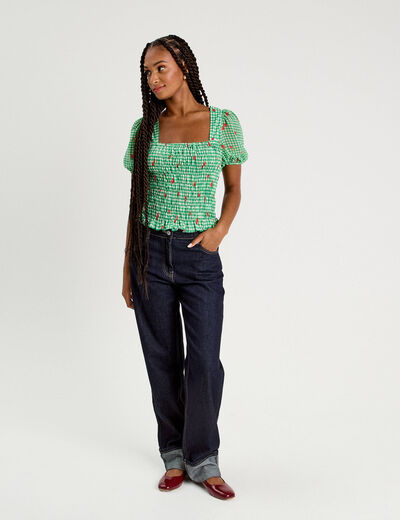 Blouse manches courtes smockée rouge femme