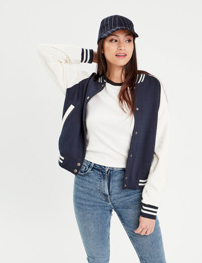 Veste boutonnée col teddy bleu marine femme