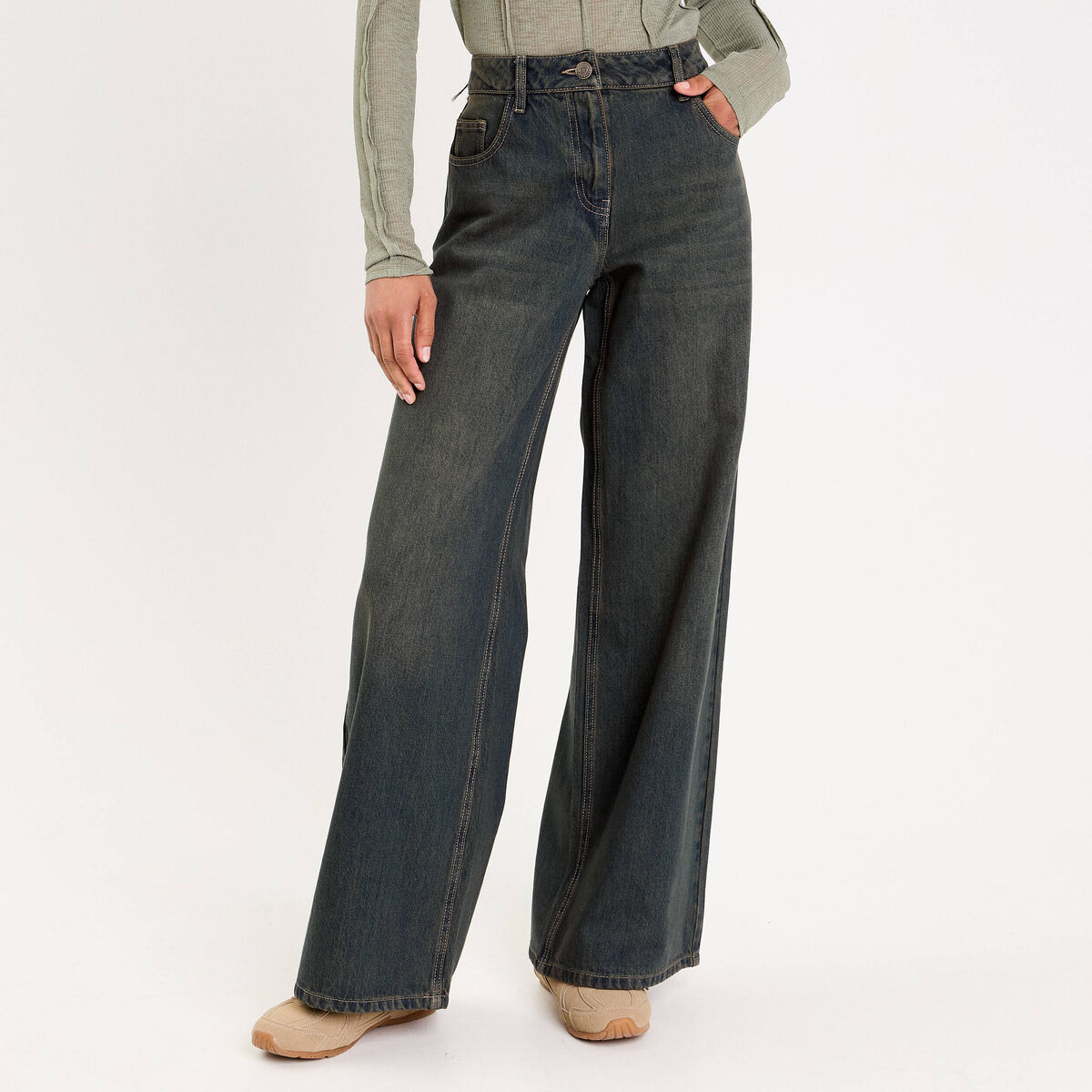 Jean wide leg taille standard bleu gris femme