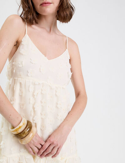 Robe courte évasée col v à bretelles ecru femme