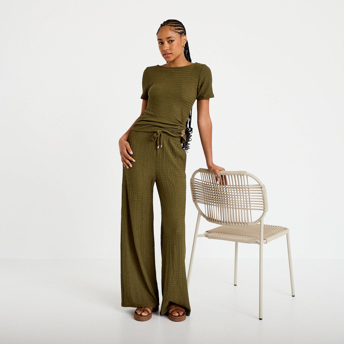 Pantalon large taille standard vert kaki femme