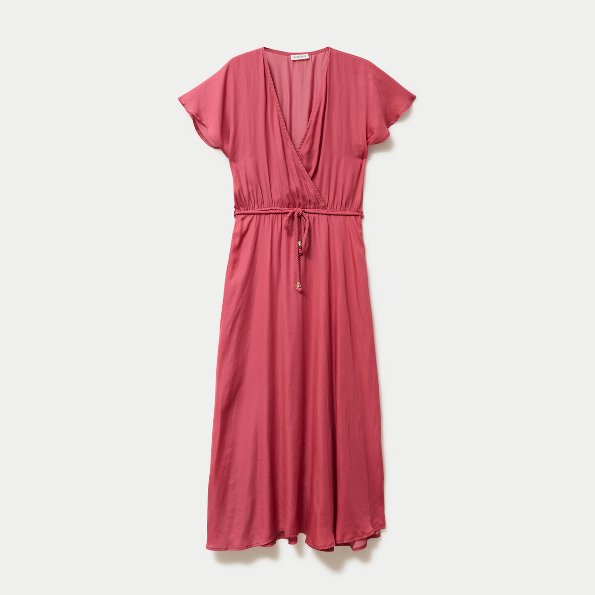 Robe longue &eacute;vas&eacute;e col v satin&eacute;e rose framboise femme